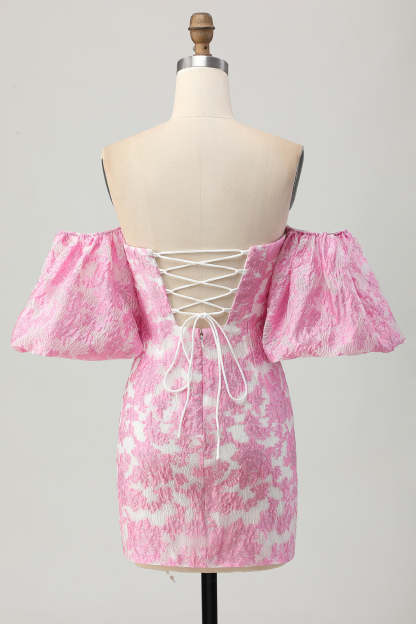 Pink Jacquard Floral Detachable Sleeves Tight Short Homecoming Dress