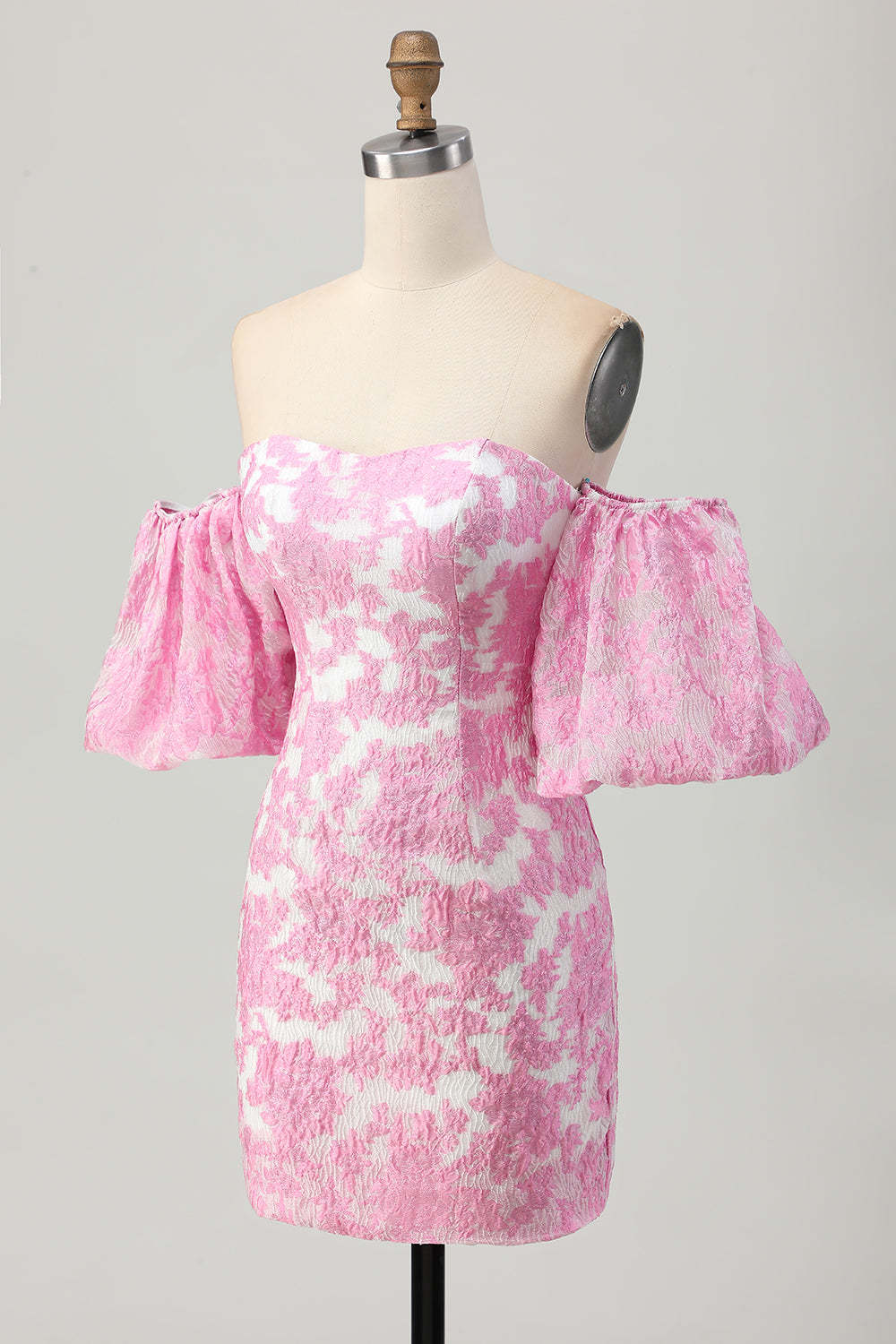 Pink Jacquard Floral Detachable Sleeves Tight Short Homecoming Dress