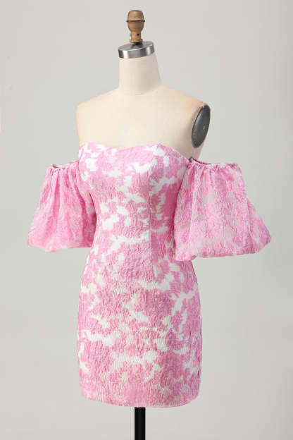 Pink Jacquard Floral Detachable Sleeves Tight Short Homecoming Dress