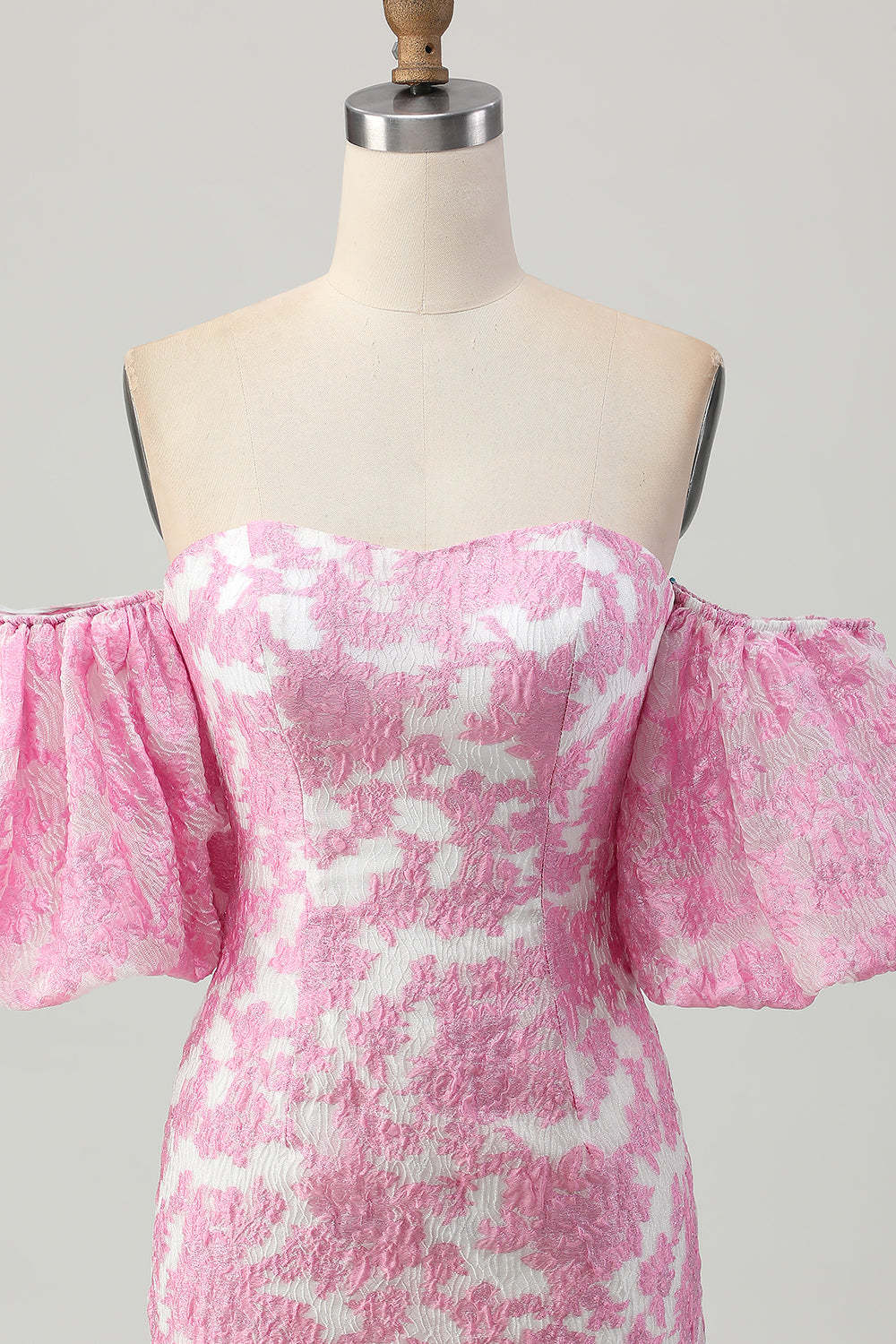 Pink Jacquard Floral Detachable Sleeves Tight Short Homecoming Dress