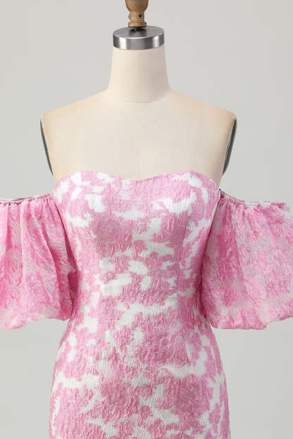 Pink Jacquard Floral Detachable Sleeves Tight Short Homecoming Dress