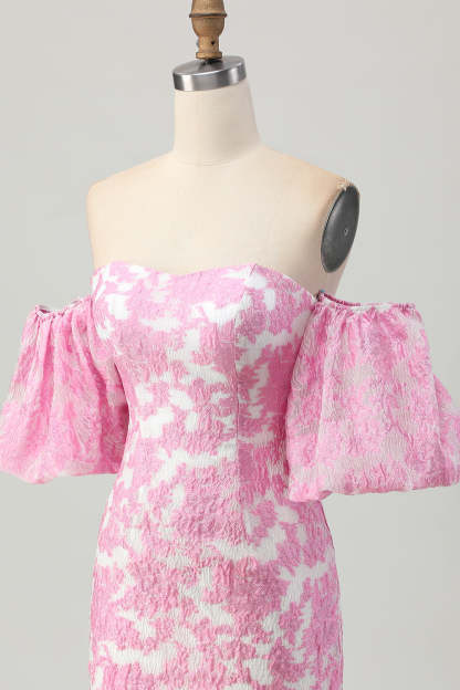 Pink Jacquard Floral Detachable Sleeves Tight Short Homecoming Dress