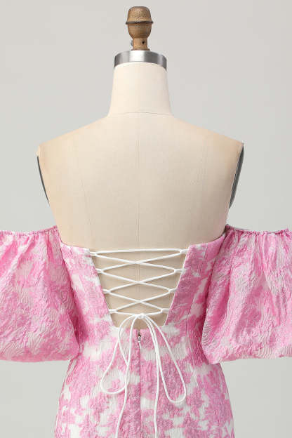 Pink Jacquard Floral Detachable Sleeves Tight Short Homecoming Dress
