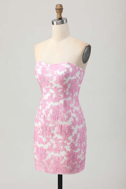 Pink Jacquard Floral Detachable Sleeves Tight Short Homecoming Dress