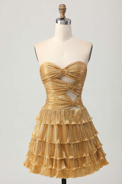 Leely Women Golden Metallic Tiered Short Homecoming Dress with Keyholes Sweetheart A Line Ruched Cocktail Dress with Ruffles