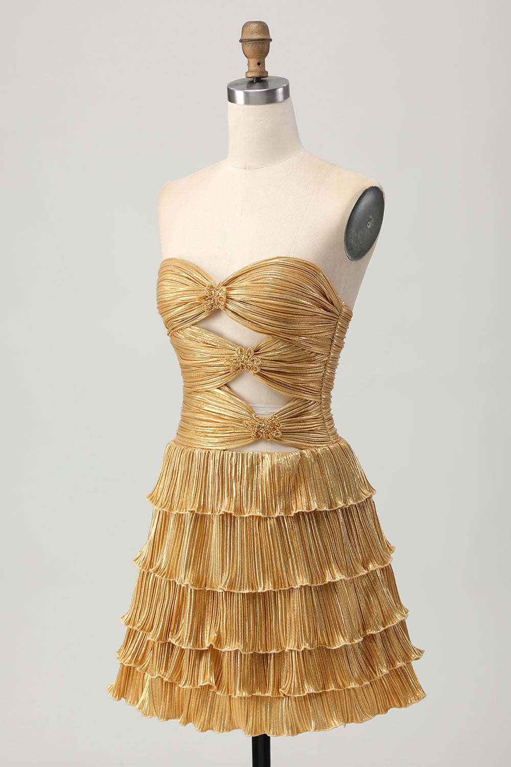 Golden Sweetheart Short Metallic Keyhole Tiered Homecoming Dress