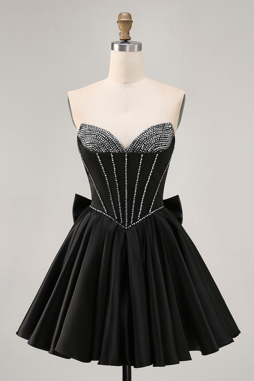 Sparkly Black Satin Rhinestone Corset Short Homecoming Dress with Bow