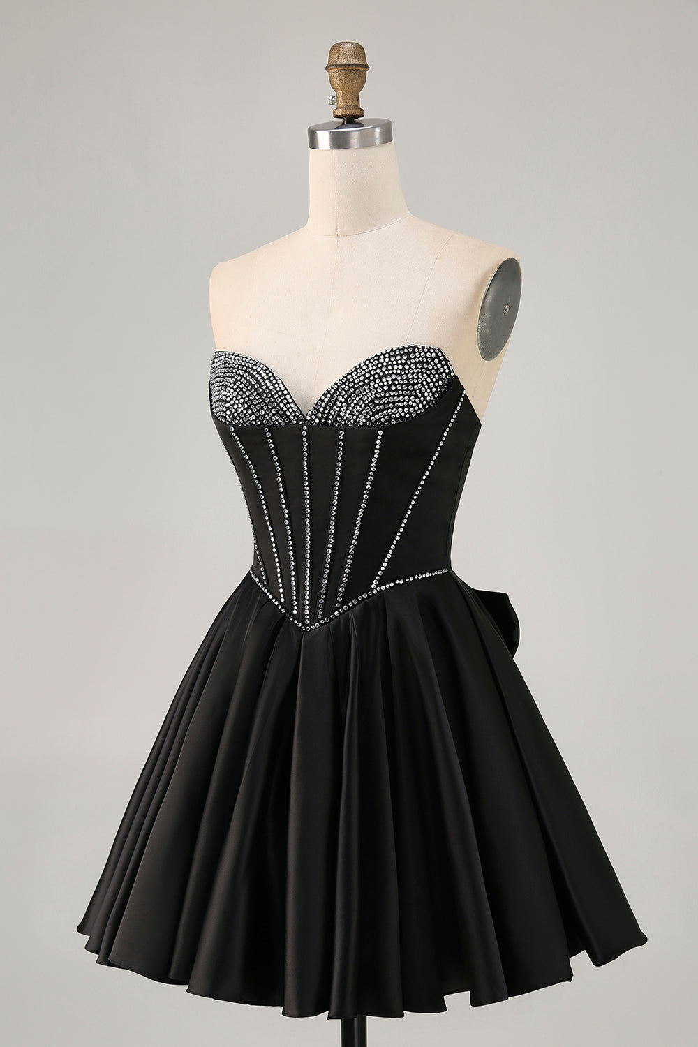 Sparkly Black Satin Rhinestone Corset Short Homecoming Dress with Bow