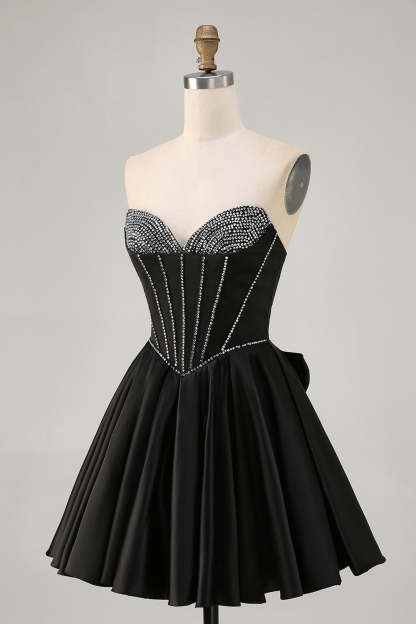 Sparkly Black Satin Rhinestone Corset Short Homecoming Dress with Bow