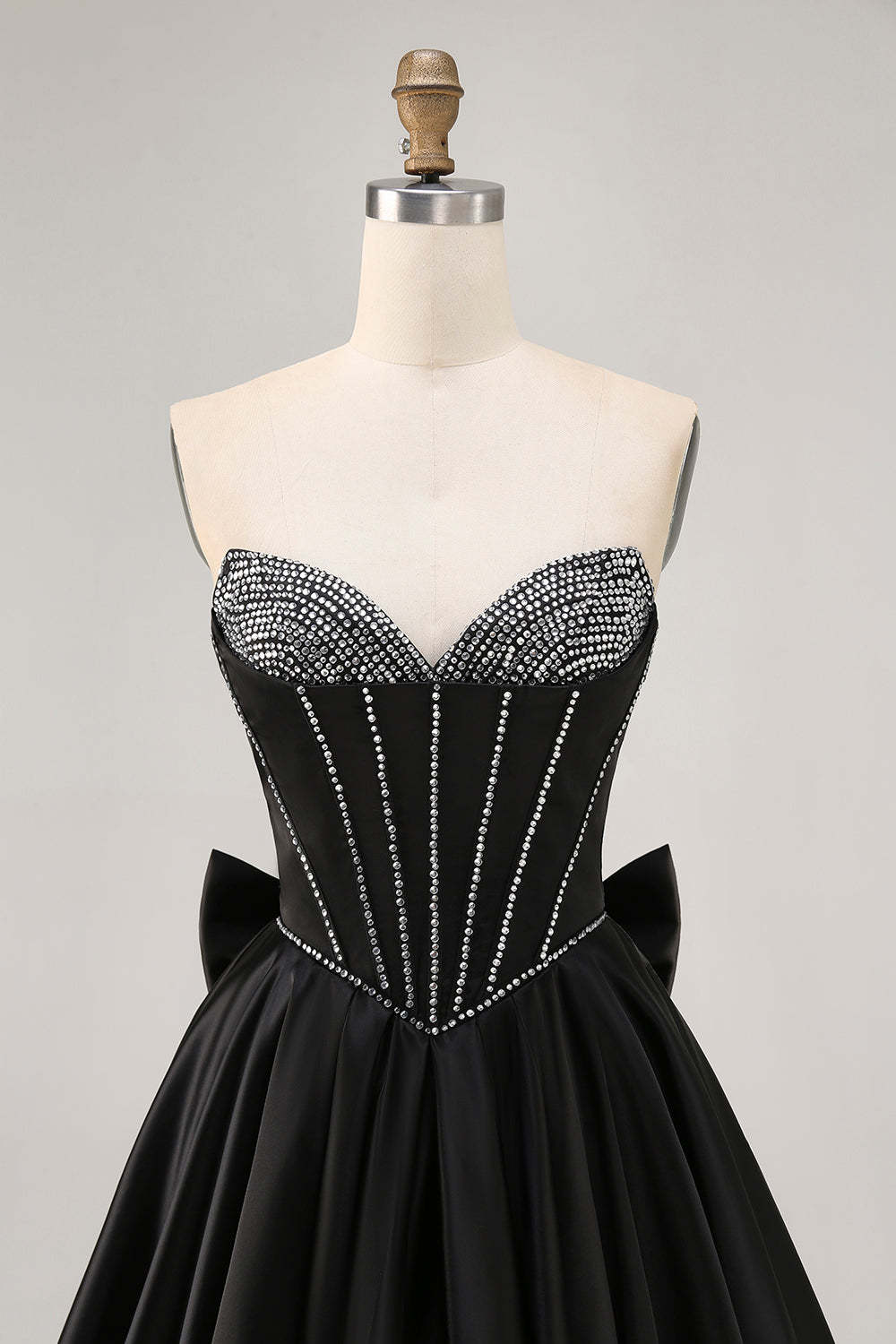 Sparkly Black Satin Rhinestone Corset Short Homecoming Dress with Bow