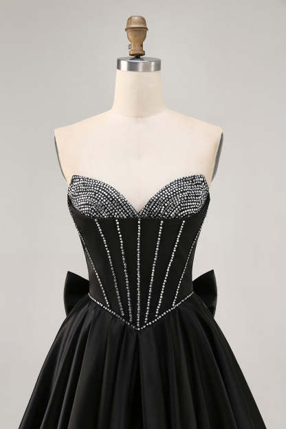 Sparkly Black Satin Rhinestone Corset Short Homecoming Dress with Bow