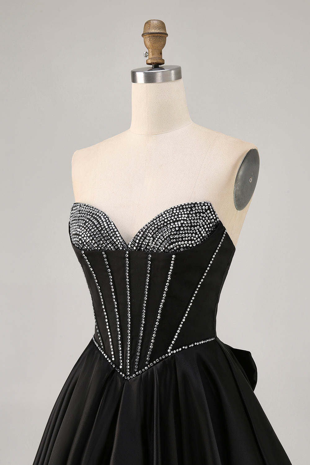 Sparkly Black Satin Rhinestone Corset Short Homecoming Dress with Bow