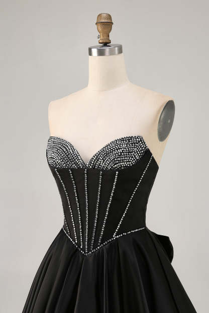 Sparkly Black Satin Rhinestone Corset Short Homecoming Dress with Bow