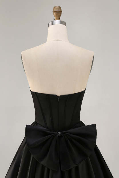 Sparkly Black Satin Rhinestone Corset Short Homecoming Dress with Bow
