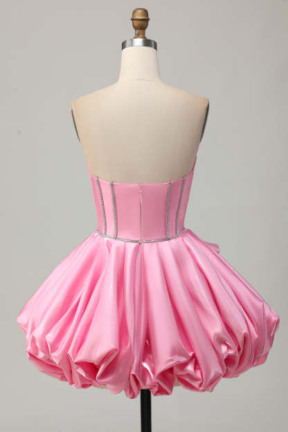 Sparkly Satin Pink Corset Strapless Short Homecoming Dress with Rhinestones