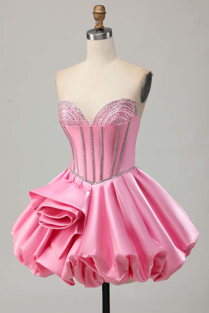Sparkly Satin Pink Corset Strapless Short Homecoming Dress with Rhinestones