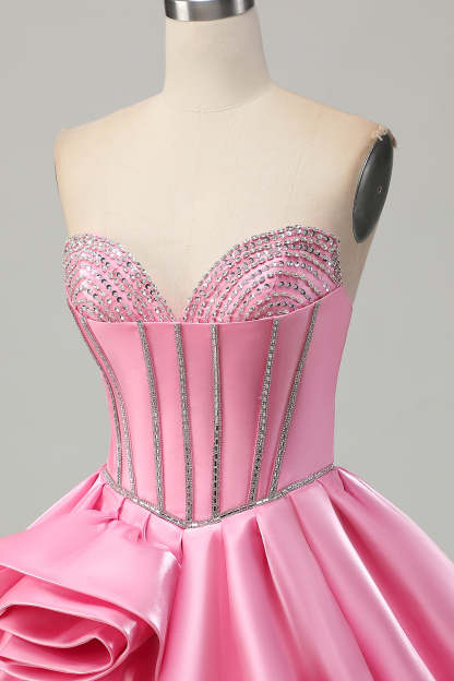Sparkly Satin Pink Corset Strapless Short Homecoming Dress with Rhinestones