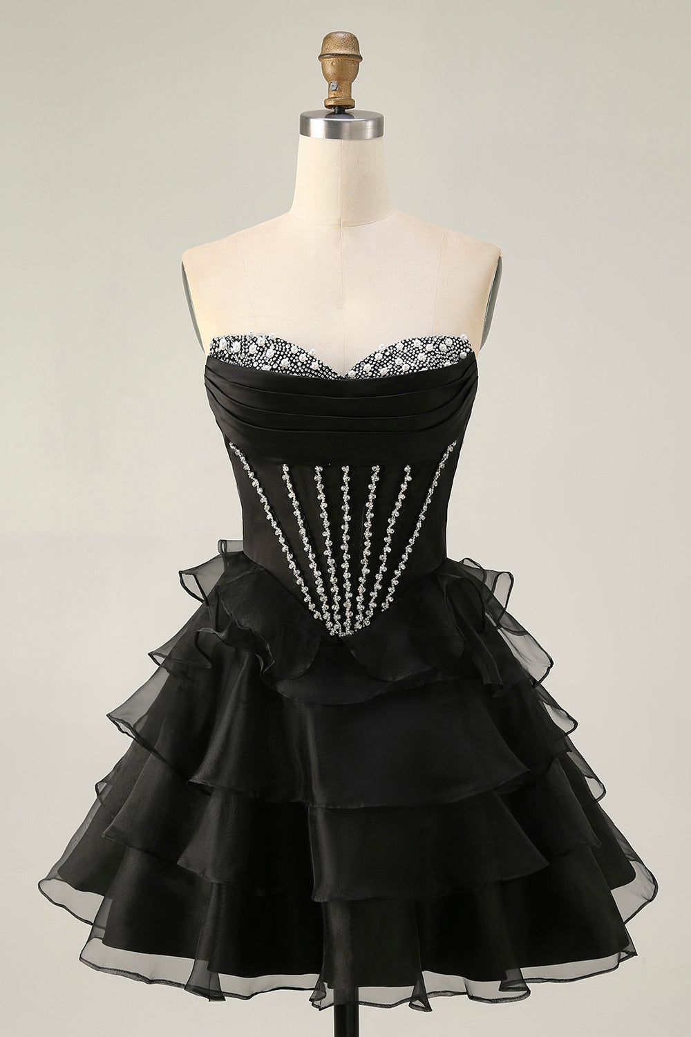 Leely Women Sparkly Black Tiered Short Corset Homecoming Dress with Rhinestones A Line Sweetheart Ruched Cocktail Dress with Ruffles