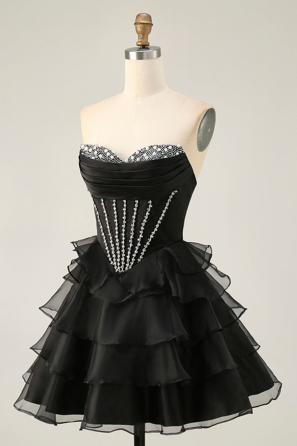 Sparkly Black Sweetheart Corset Tiered Short Homecoming Dress with Beading
