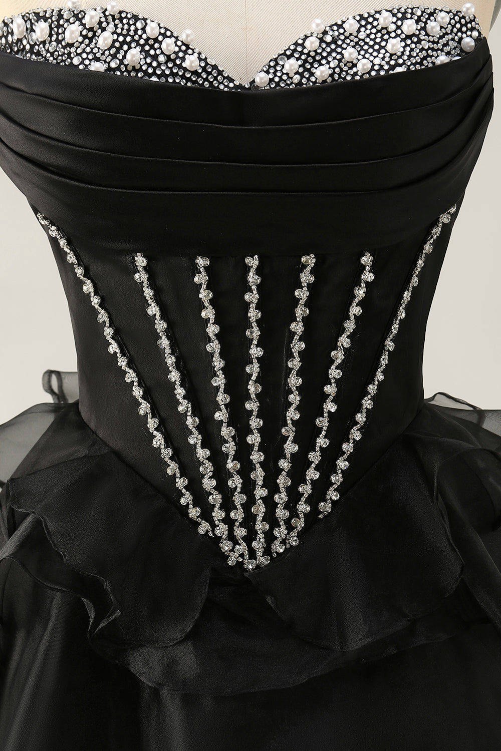 Sparkly Black Sweetheart Corset Tiered Short Homecoming Dress with Beading
