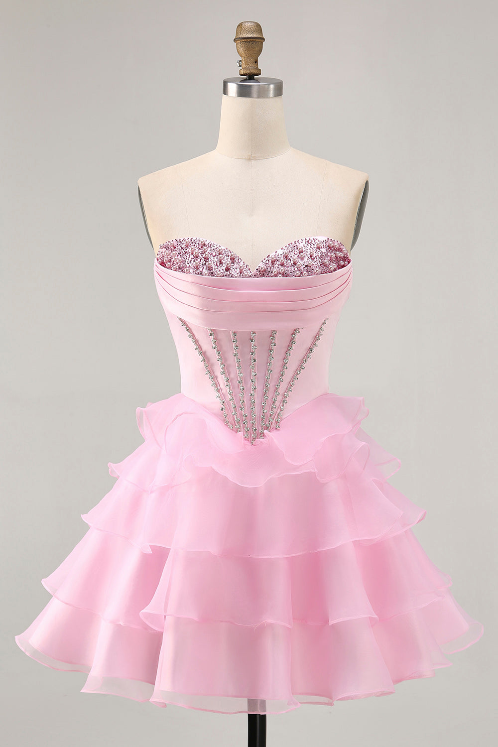 Pink Ruffled Short Corset Tiered Sparkly Homecoming Dress with Beading