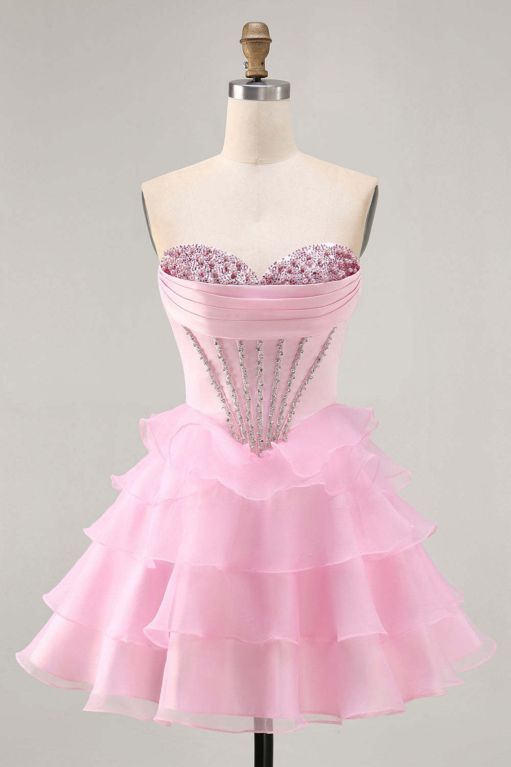 Leely Women Sparkly Pink Short Corset Homecoming Dress with Beading Sweetheart A Line Tiered Ruched Cocktail Dress with Ruffles