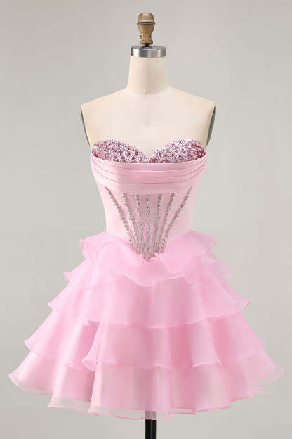 Leely Women Sparkly Pink Short Corset Homecoming Dress with Beading Sweetheart A Line Tiered Ruched Cocktail Dress with Ruffles