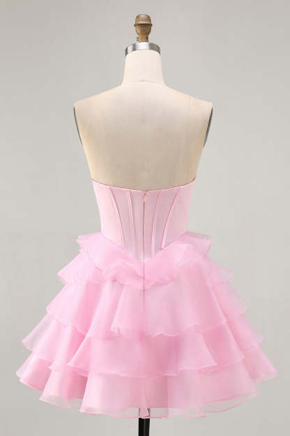 Pink Ruffled Short Corset Tiered Sparkly Homecoming Dress with Beading
