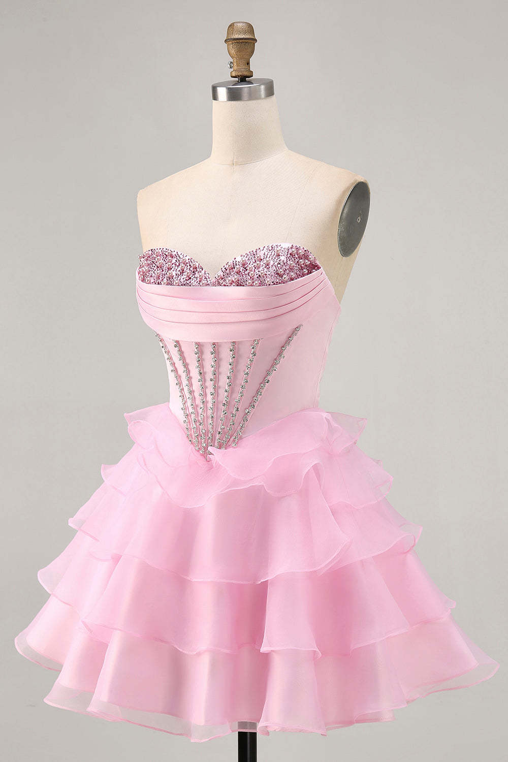 Pink Ruffled Short Corset Tiered Sparkly Homecoming Dress with Beading