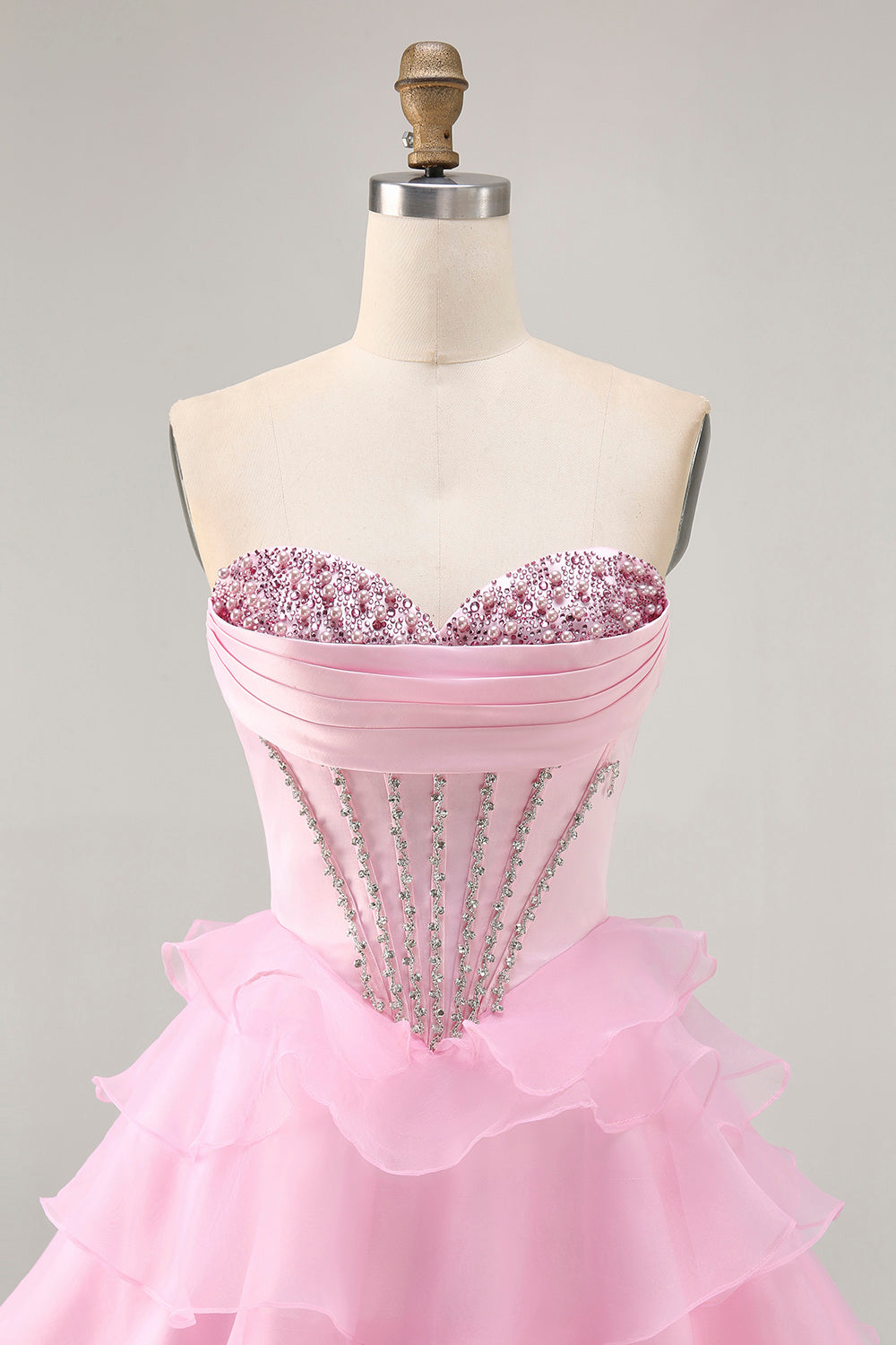 Pink Ruffled Short Corset Tiered Sparkly Homecoming Dress with Beading