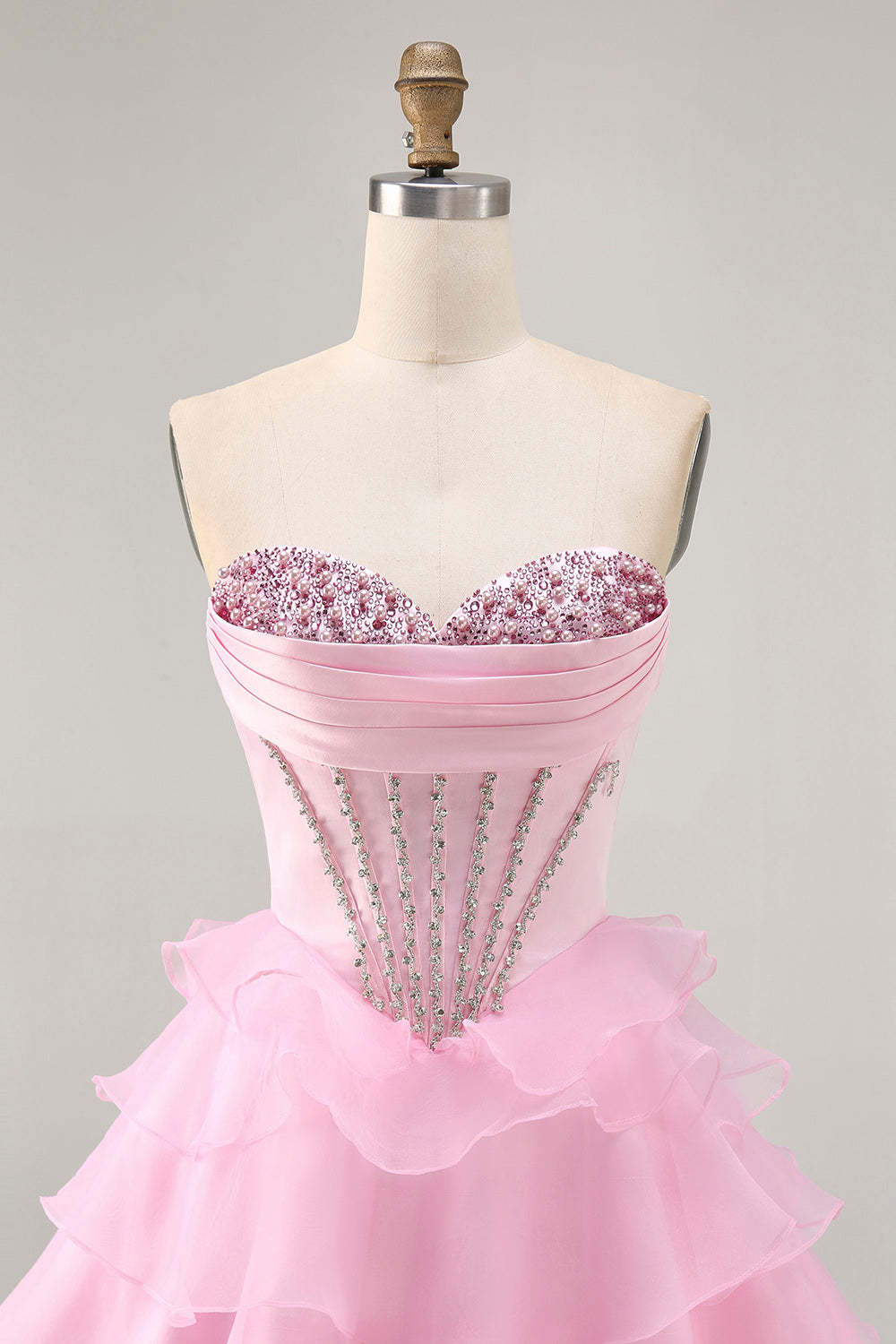 Pink Ruffled Short Corset Tiered Sparkly Homecoming Dress with Beading