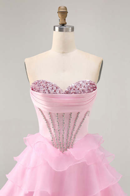 Pink Ruffled Short Corset Tiered Sparkly Homecoming Dress with Beading