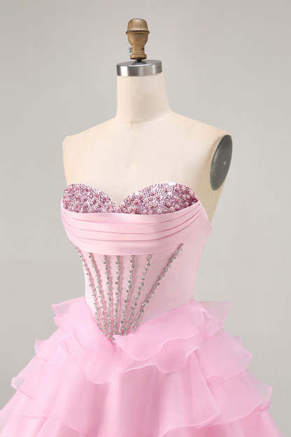 Pink Ruffled Short Corset Tiered Sparkly Homecoming Dress with Beading