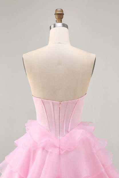 Pink Ruffled Short Corset Tiered Sparkly Homecoming Dress with Beading