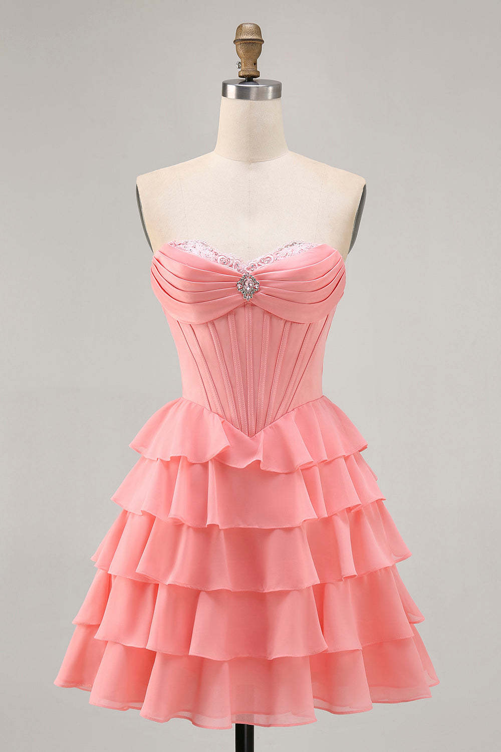 Sparkly Blush Sweetheart Tiered Short Corset Homecoming Dress with Ruffles