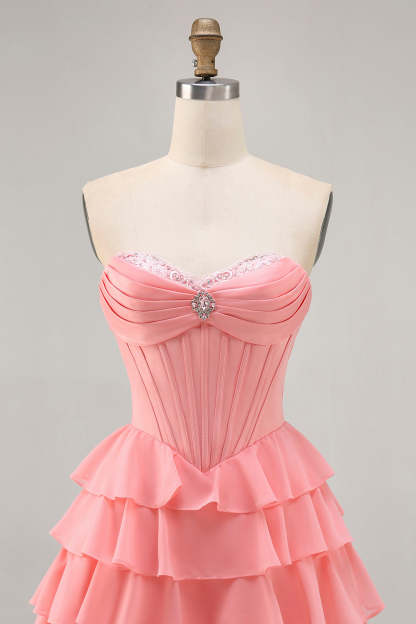 Sparkly Blush Sweetheart Tiered Short Corset Homecoming Dress with Ruffles