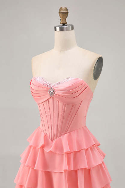 Sparkly Blush Sweetheart Tiered Short Corset Homecoming Dress with Ruffles