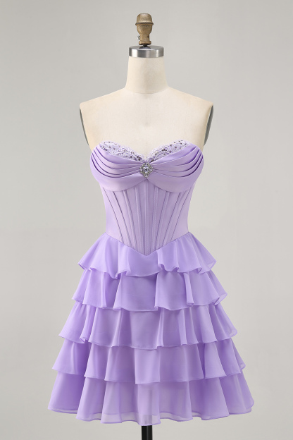 Leely Women Sparkly Blush Tiered Short Corset Homecoming Dress with Ruffles Chiffon A Line Sweetheart Ruched Cocktail Dress with Rhinestones