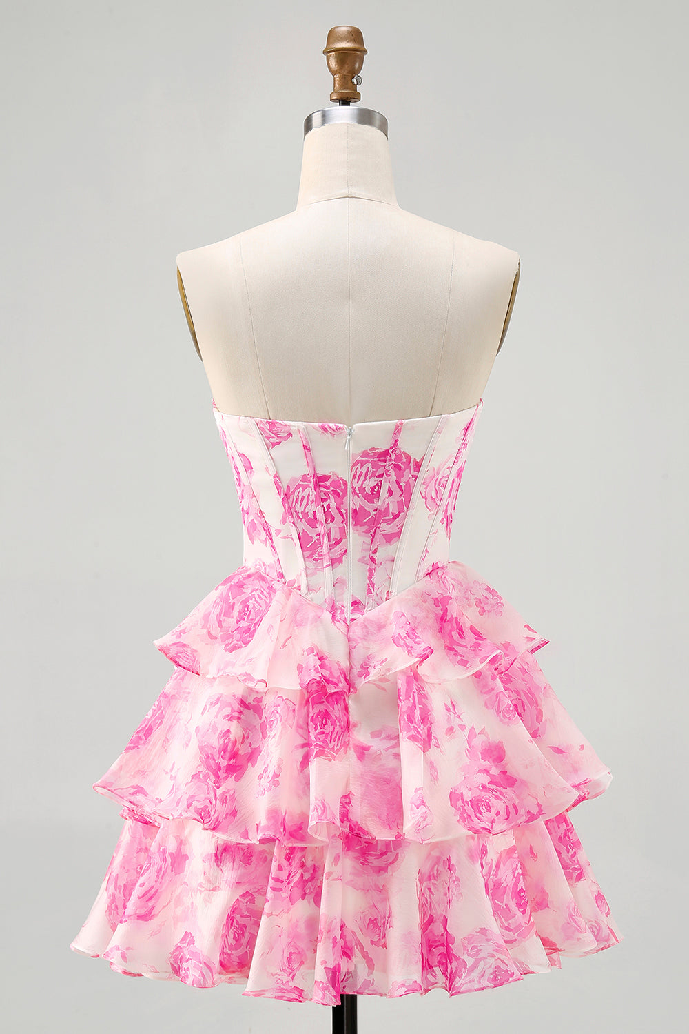 Fuchsia Floral Tiered Short Corset Homecoming Dress with Ruffles