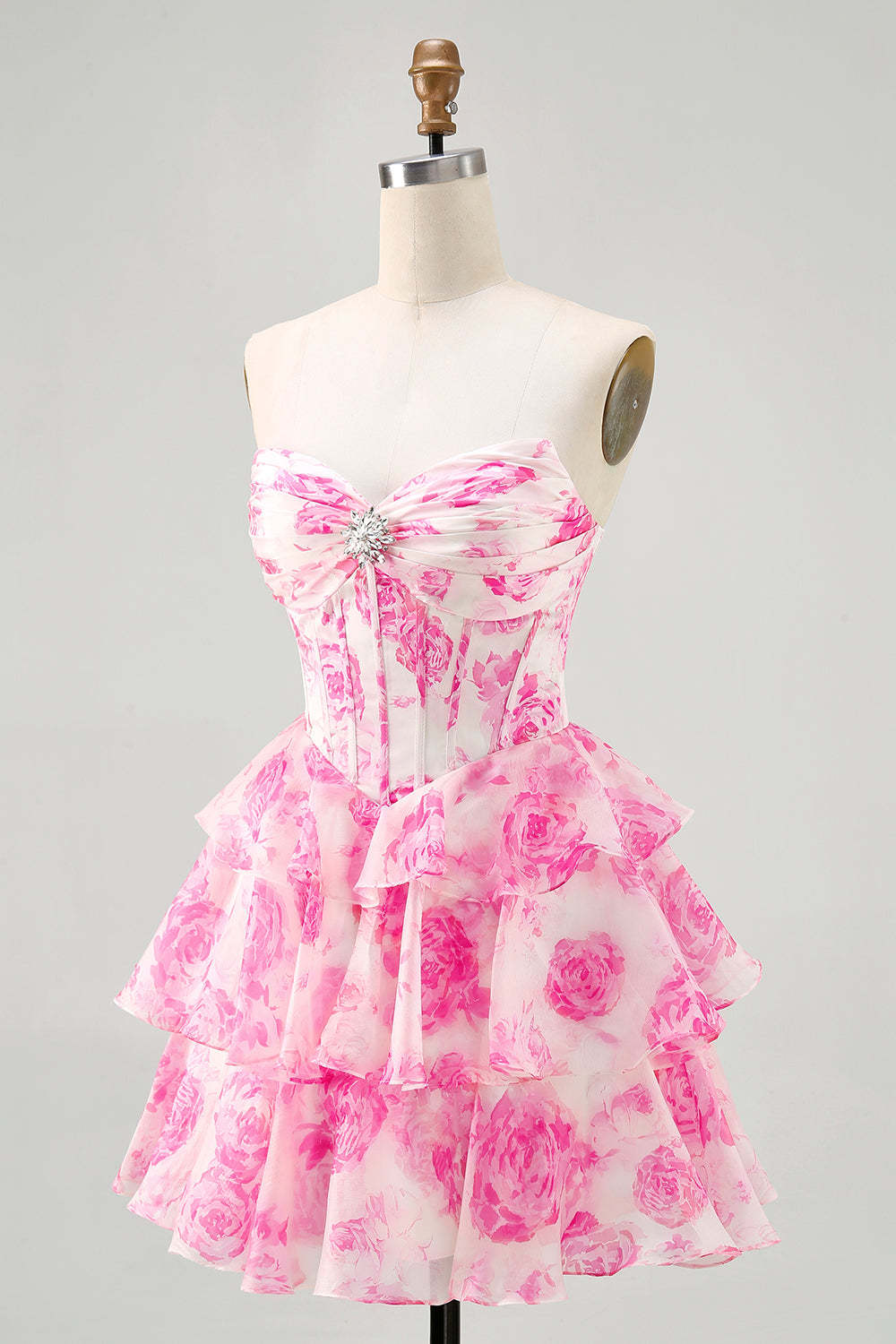 Fuchsia Floral Tiered Short Corset Homecoming Dress with Ruffles