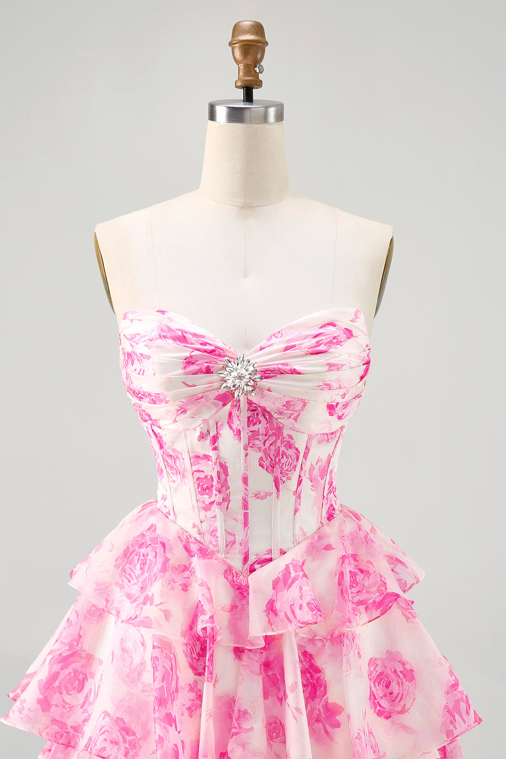 Fuchsia Floral Tiered Short Corset Homecoming Dress with Ruffles