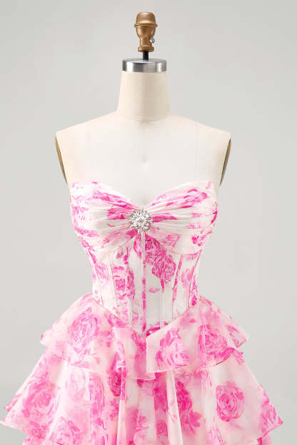 Fuchsia Floral Tiered Short Corset Homecoming Dress with Ruffles