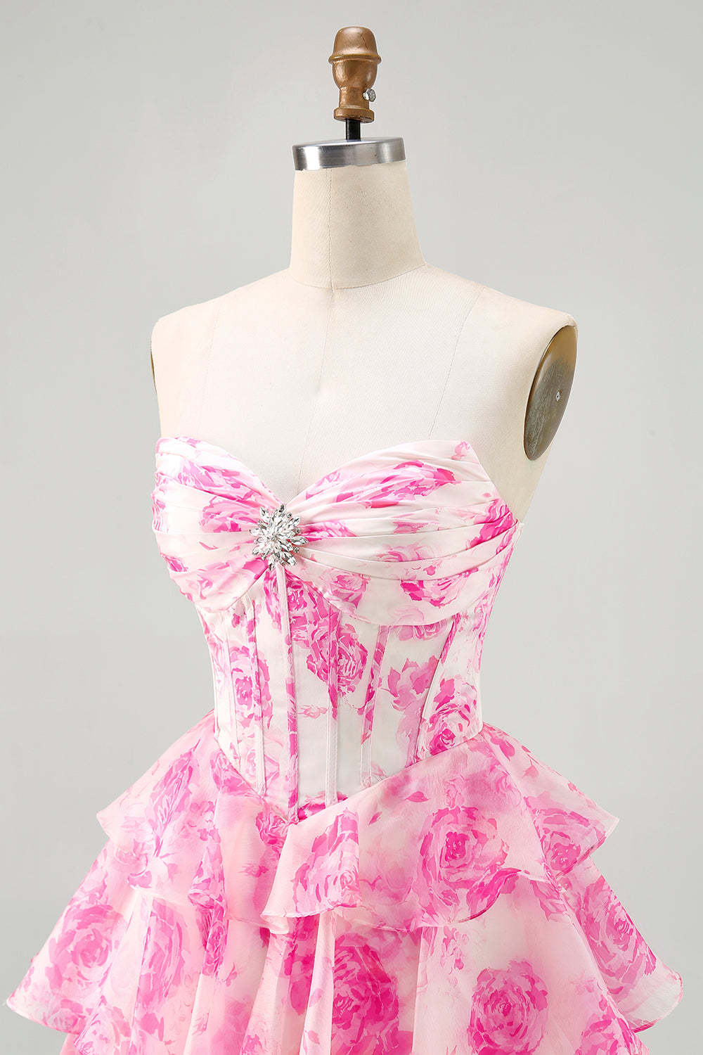 Fuchsia Floral Tiered Short Corset Homecoming Dress with Ruffles