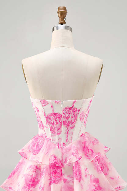 Fuchsia Floral Tiered Short Corset Homecoming Dress with Ruffles