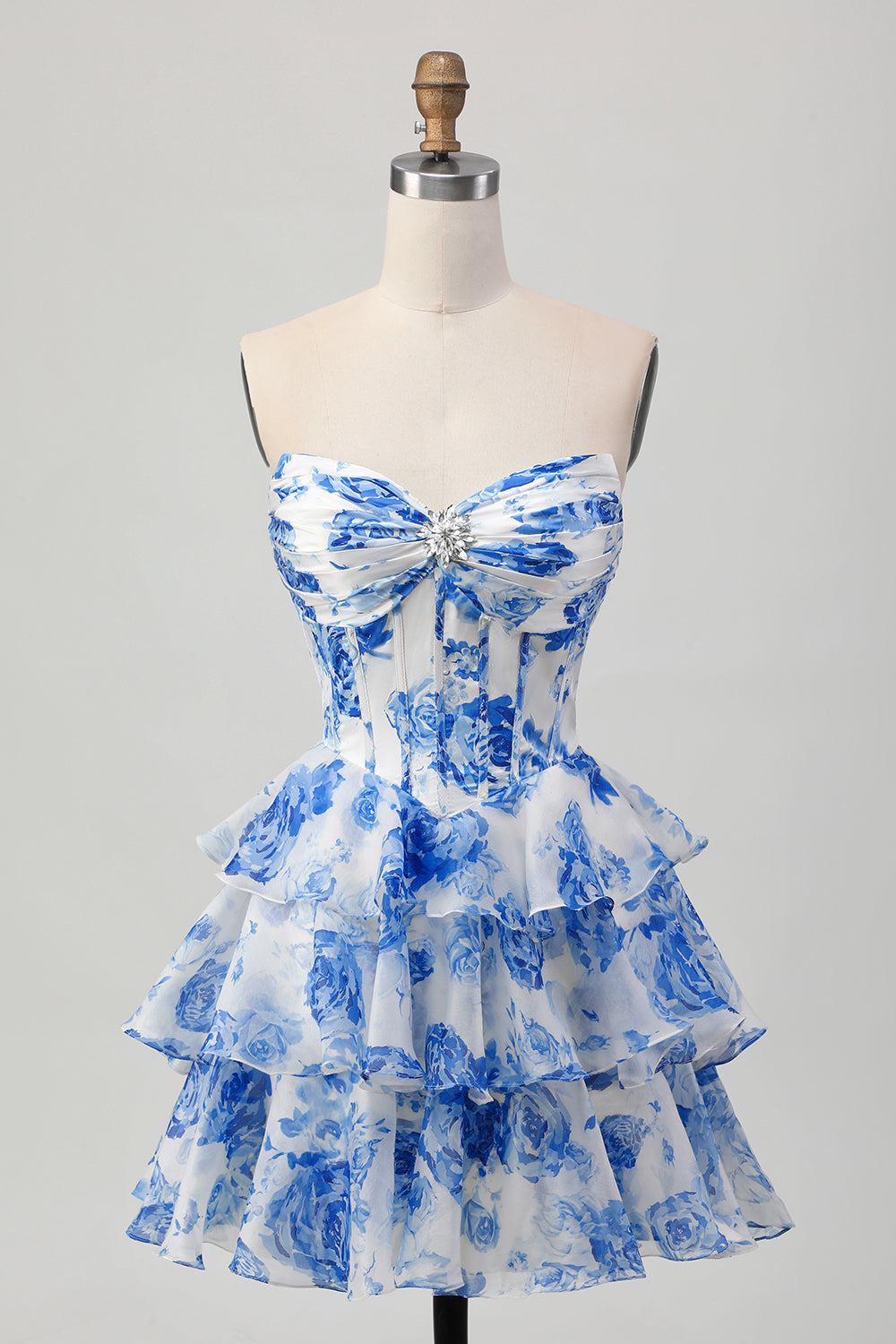 White and Blue Floral Tiered Corset A Line Short Homecoming Dress