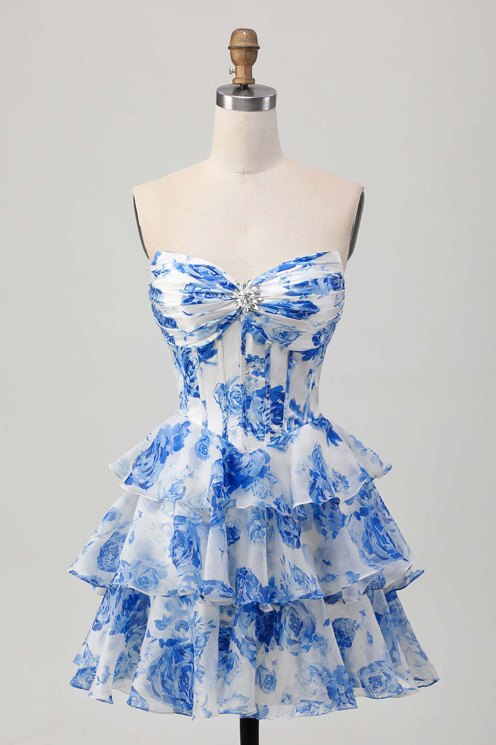 White and Blue Floral Tiered Corset A Line Short Homecoming Dress
