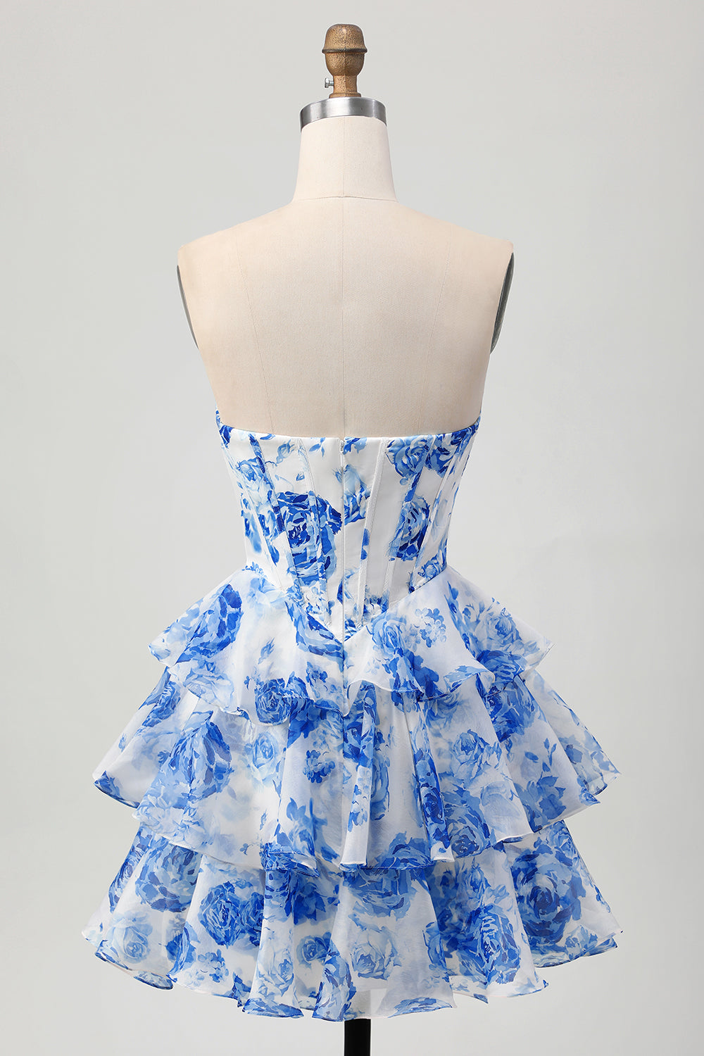 White and Blue Floral Tiered Corset A Line Short Homecoming Dress