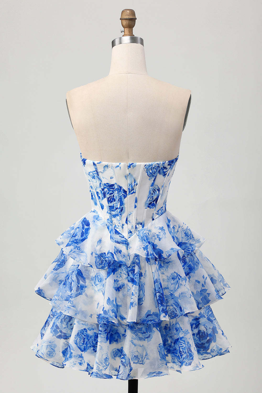 White and Blue Floral Tiered Corset A Line Short Homecoming Dress