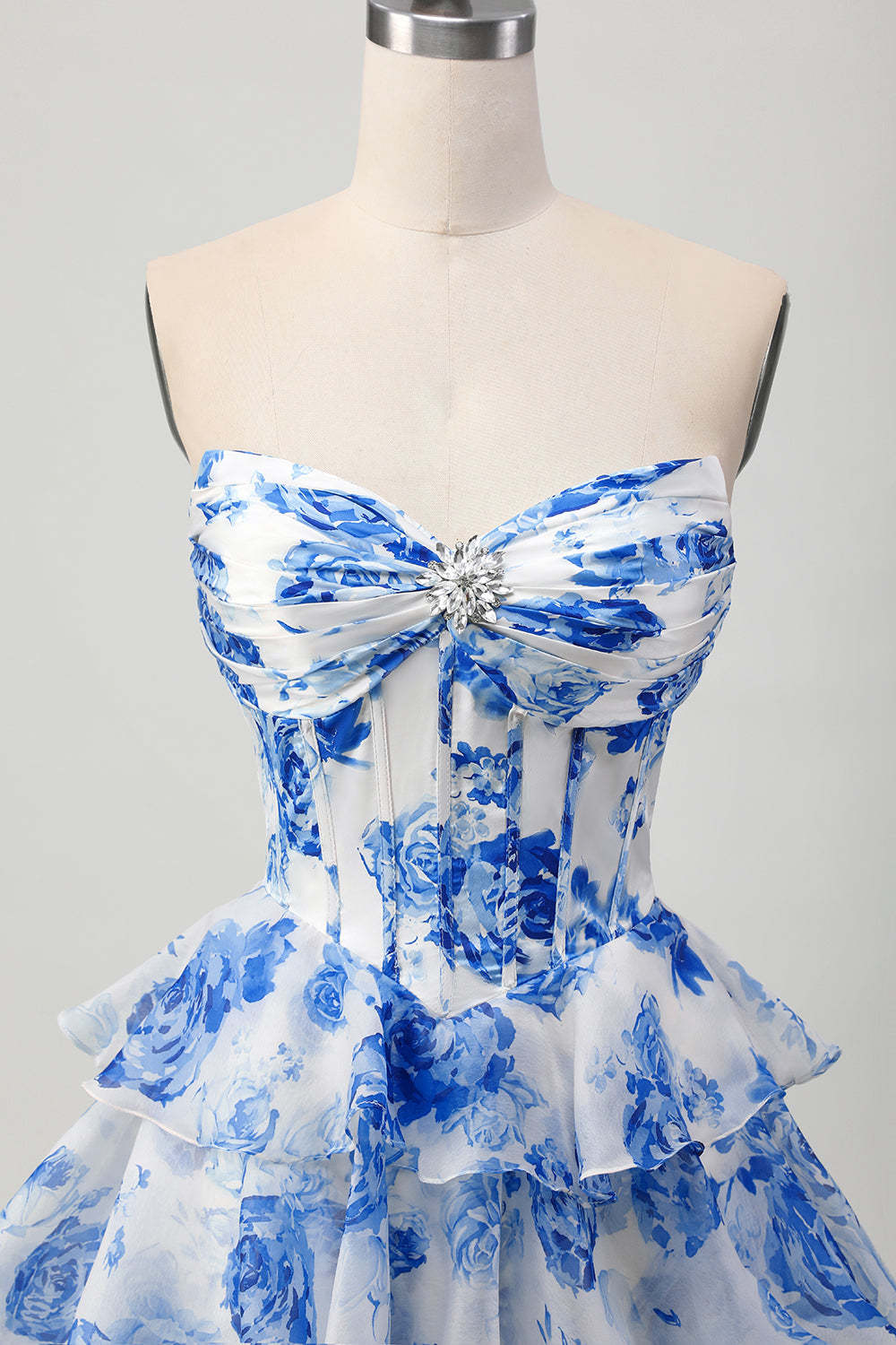 White and Blue Floral Tiered Corset A Line Short Homecoming Dress