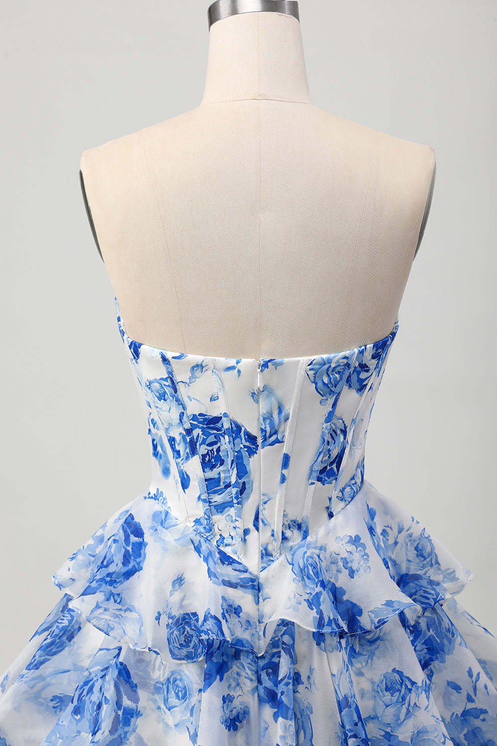 White and Blue Floral Tiered Corset A Line Short Homecoming Dress